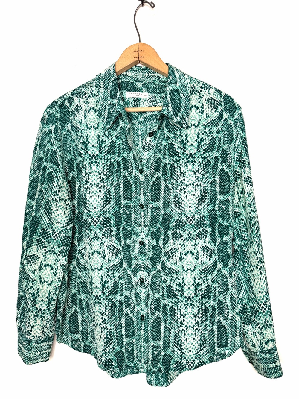 Equipment Green Snake Print Button Front Long Sleeve Silk Blouse Size Medium